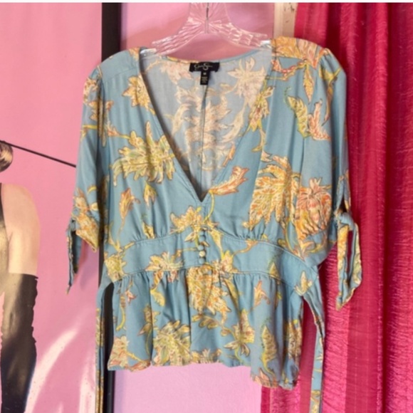 Jessica Simpson Mediterranean Plunge Neck Cropped Blue Floral Blouse Women’s Sm - Picture 5 of 7